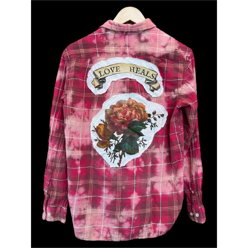 Love Heals Rose Patch Distressed Flannel Shirt Small